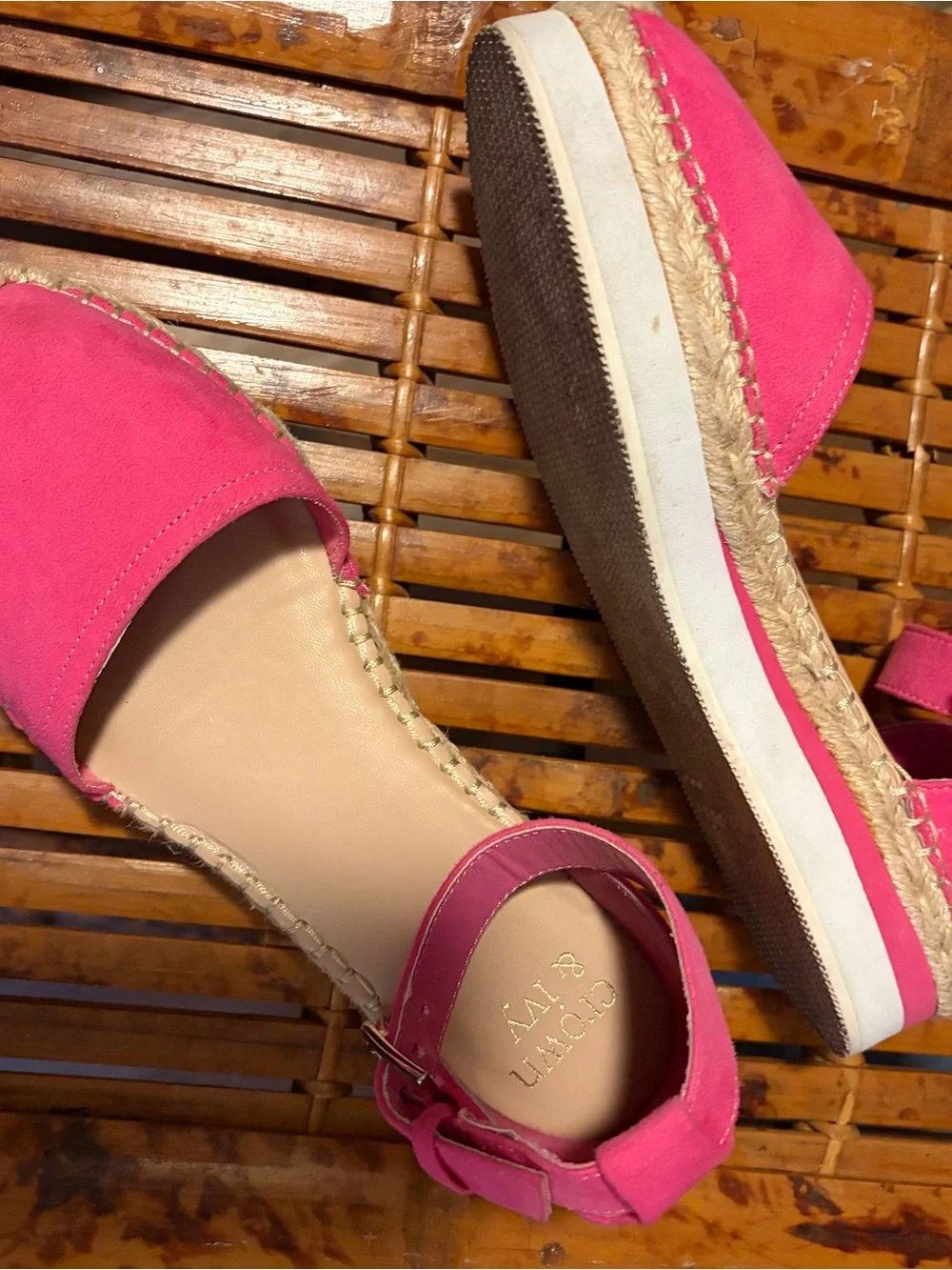crown & ivy Hot Pink Suede Espadrille Ankle-Strap Flats